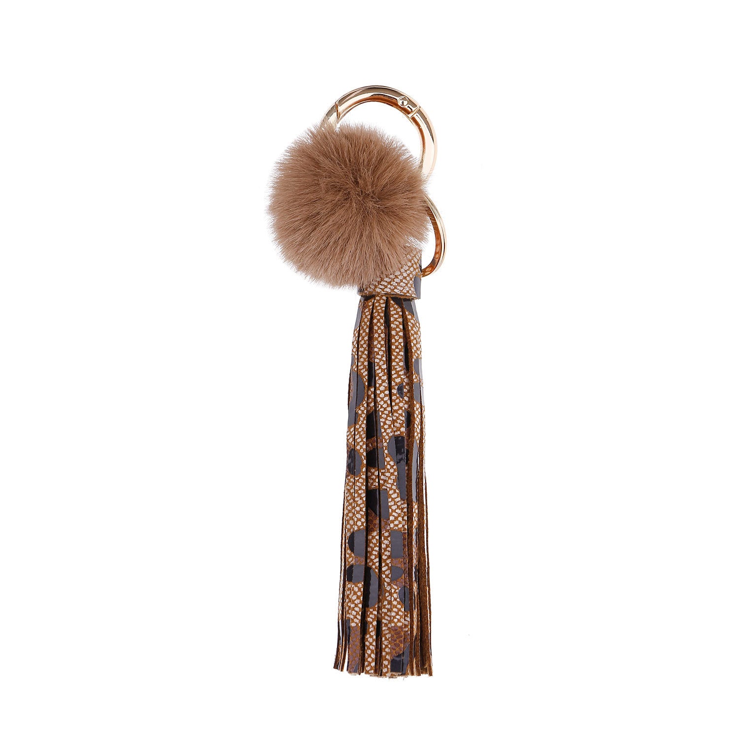 Llavero de cuero de PU con borla de bola de piel de cordón con estampado de leopardo al por mayor